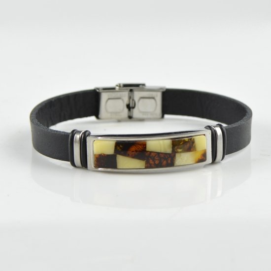 Polished  Amber bracelet with wrap black leather